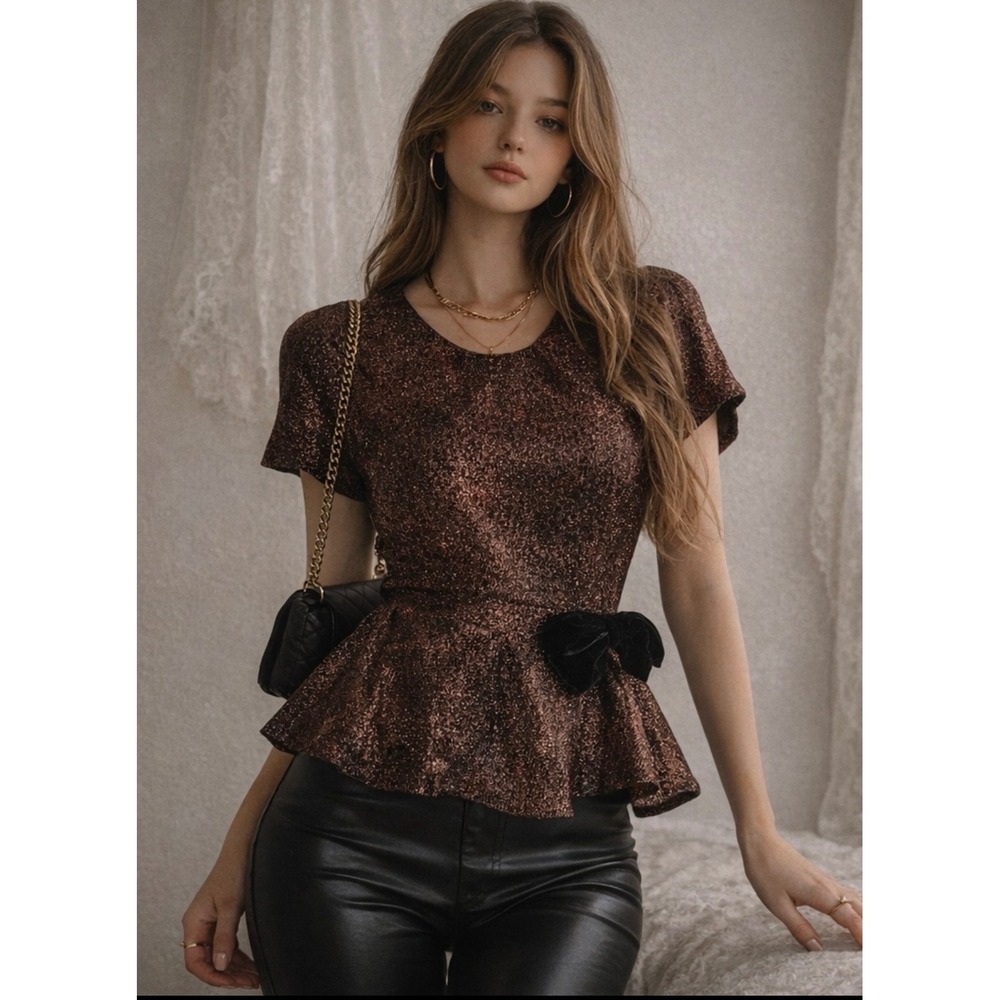 Vintage Handmade Metallic Brown Peplum Top Open Back Party Top Retro Glam